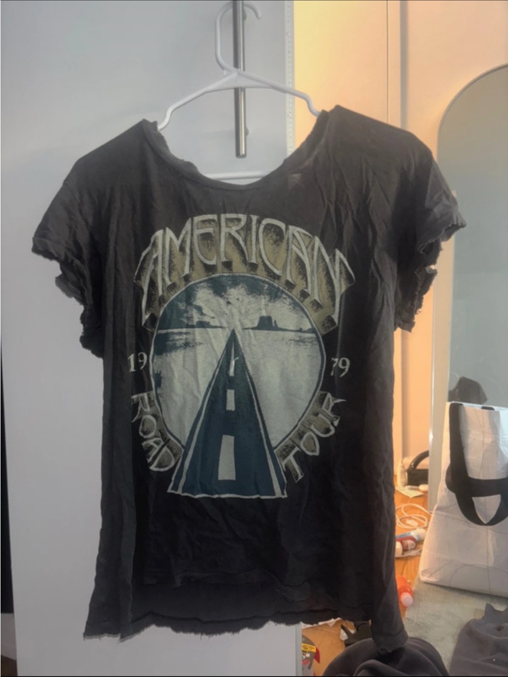 Current/Elliott Black Graphic Tee with Distressed Cream Print